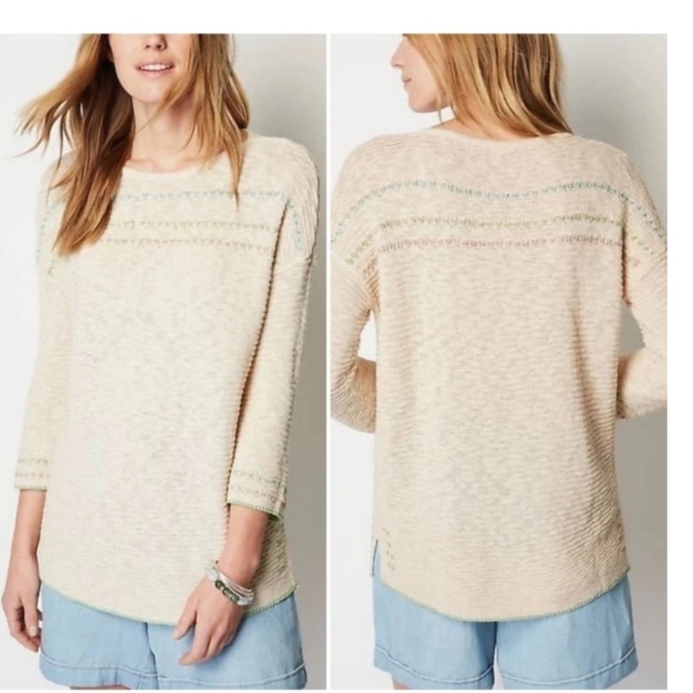 J. Jill Womens Cream Knit Popover 3/4 Sleeve Cotton Blend Sweater Tunic XL